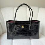 Small Tote Crocodile Embossed Calfskin & Gold-Tone Metal Black