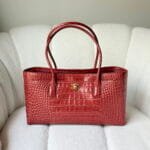 Small Tote Crocodile Embossed Calfskin & Gold-Tone Metal Burgundy